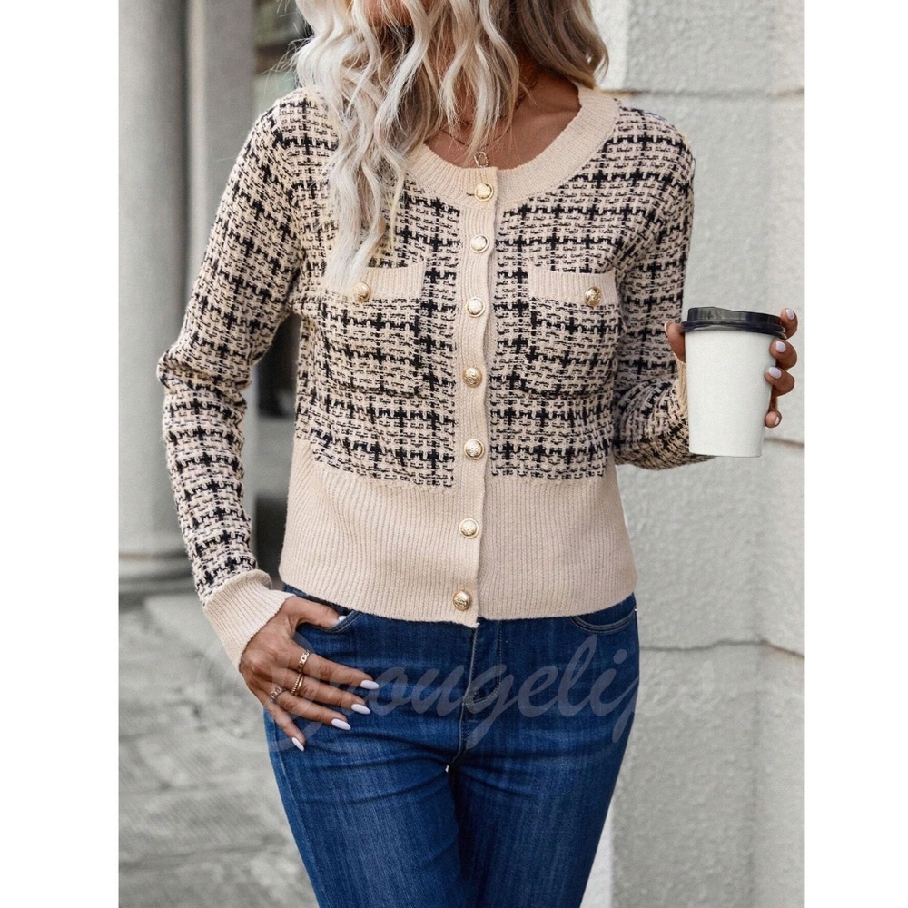 Beige Plaid Button Up Cardigan Knit Long Sleeve Chest Pocket - Picture 4 of 8